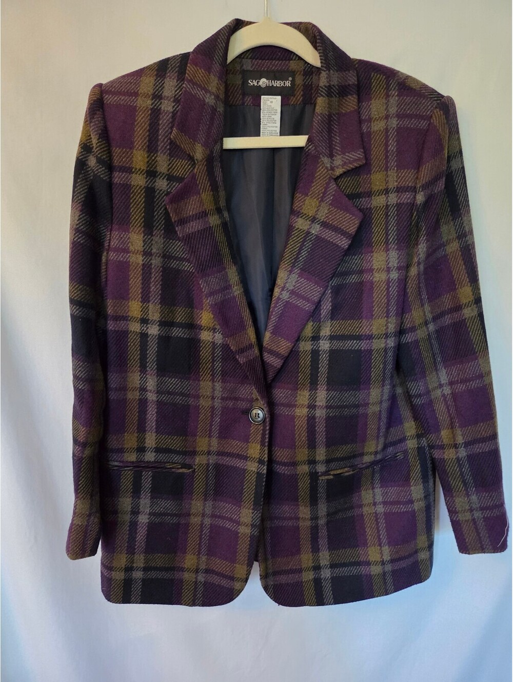 Vintage 90s Sag Harbor Wool Blend Plaid Blazer Womens 10 Purple Academia